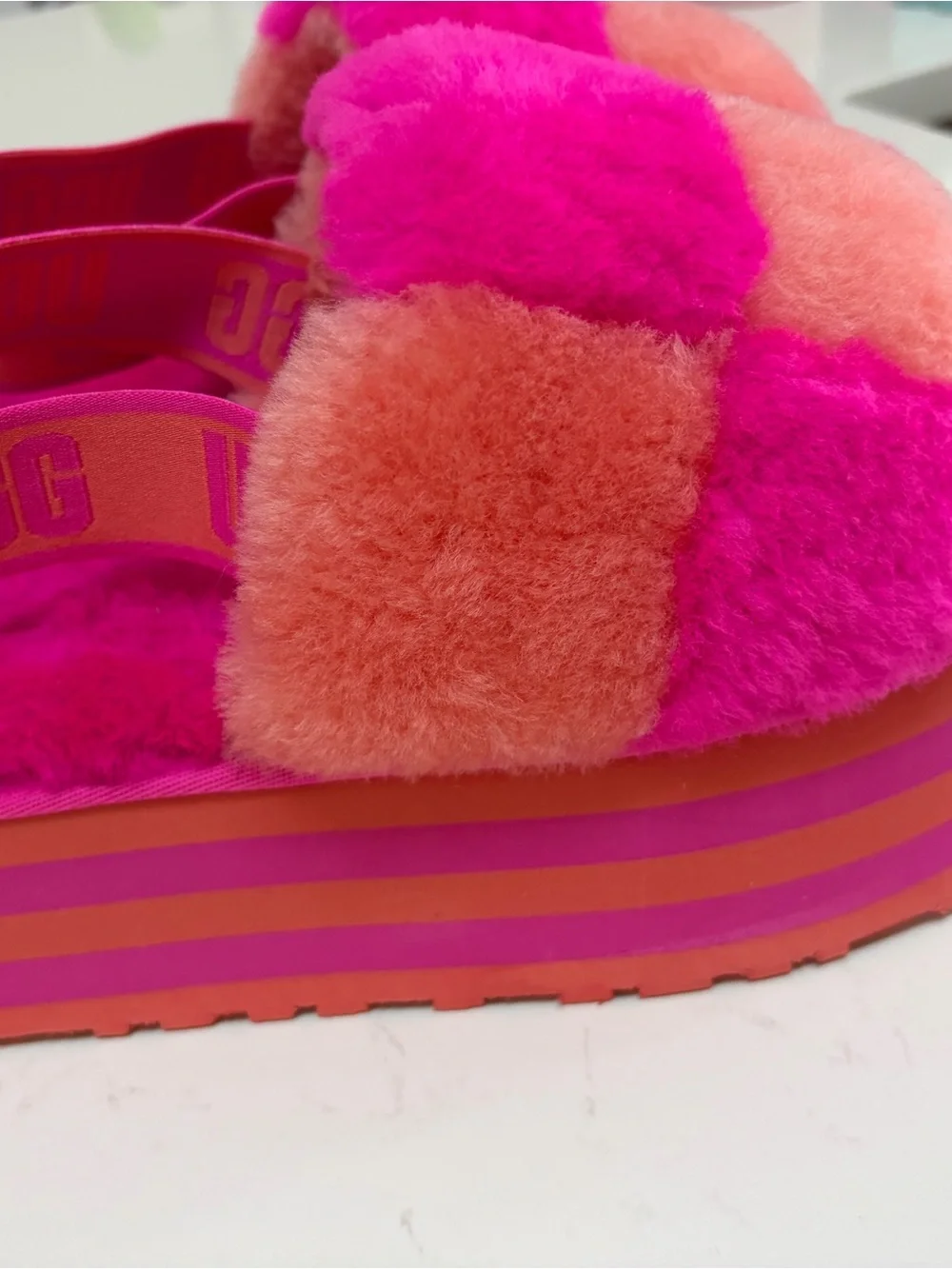 New Ugg Plush Slide Sandals in Bright Pink and Orange